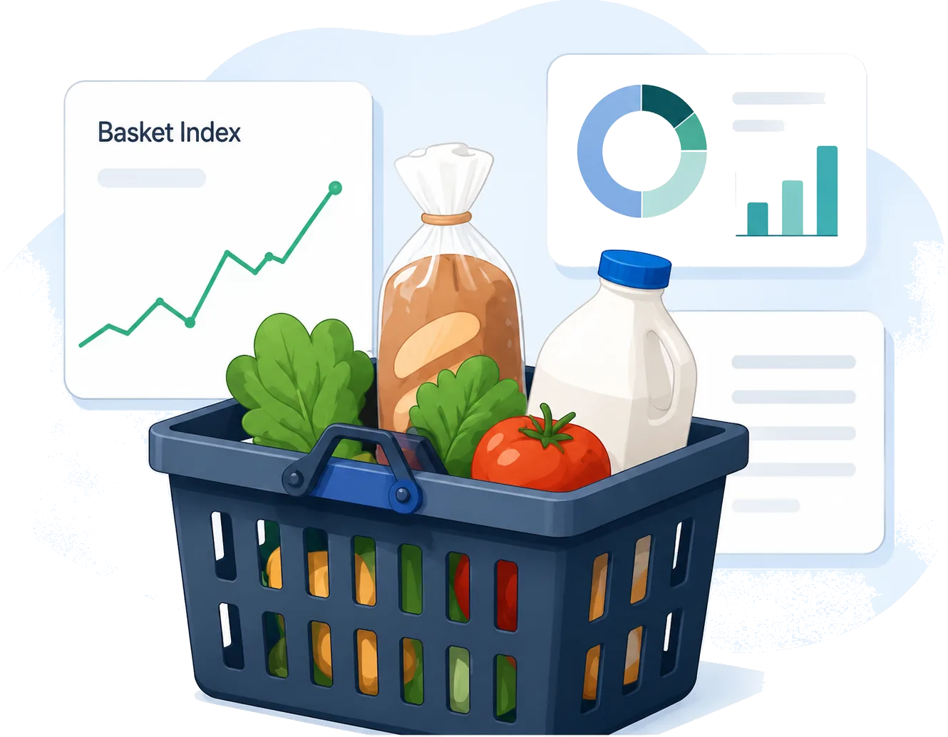 Illustration of a grocery basket filled with fresh produce, bread, and milk